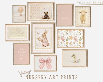 Décoration murale rose pour chambre de bébé, style vintage, ensemble d'affiches pour chambre de fille, décoration cottagecore, style ferme vintage, à imprimer, téléchargement numérique