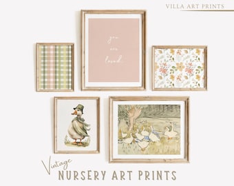 Vintage Girl Wall Art   Cottagecore Nursery Decor  Pink Nursery Prints  Green Farmhouse Printable Nursery  DIGITAL DOWNLOAD