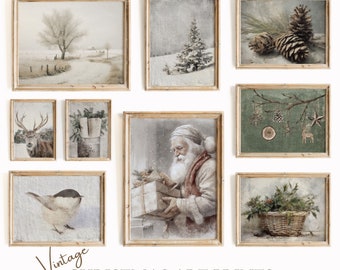 May include: Set of 10 vintage Christmas art prints featuring winter scenes, a deer, a bird, a Santa Claus, a pine cone, and a basket of holly berries. The prints are framed in a rustic wood frame.