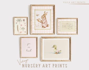 Affiches vintage pour chambre de bébé fille, style cottagecore, décoration murale rose, style ferme, à imprimer (téléchargement numérique)
