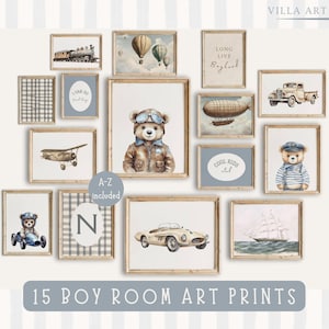 May include: A collection of 15 framed art prints for a boy's room, featuring watercolor illustrations of vintage vehicles, hot air balloons, and teddy bears. Includes the text "LONG LIVE Boyhood" and "COOL KIDS club".