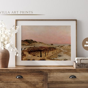Printable vintage seaside wall print,  coastal lake house art print, muted beach landscape art, rustic coast painting, vintage home decor