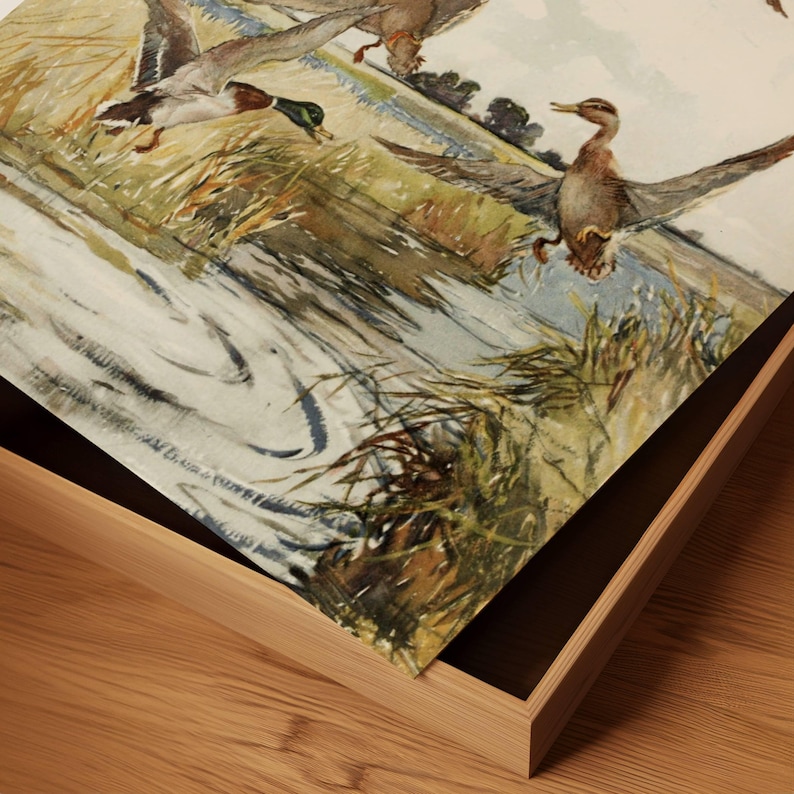 May include: A watercolor painting of three ducks flying over a pond. The ducks are brown and white with long necks and beaks. The pond is surrounded by green grass and reeds. The painting is framed in a wooden frame.