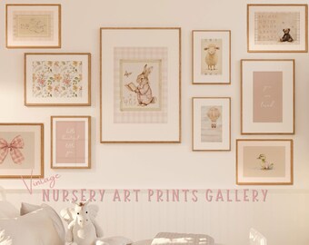 May include: A collection of vintage nursery art prints in frames with a pink and white color scheme. The prints feature a bunny reading a book, a hot air balloon, a duck, a sheep, and floral designs. The text on the prints includes "Little bunny, love you", "You are loved", and "Sweet dreams".