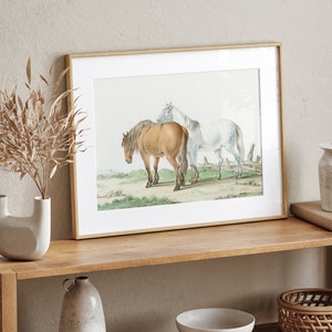 May include: Framed print featuring two horses in a field. One horse is brown, the other is white. The artwork is set in a light wood frame and displayed on a wooden shelf with decorative items.