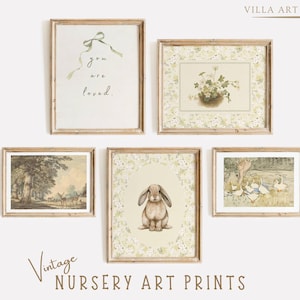 Vintage Nursery Art Neutral   Farmhouse Nursery Prints Baby Girl  Cottagecore Nursery Gallery Wall  Vintage Bunny Print  DIGITAL DOWNLOAD