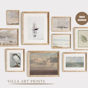 Neutral vintage coastal gallery wall print set of 9, European vintage nautical home decor, Vintage lake house print set, digital download,