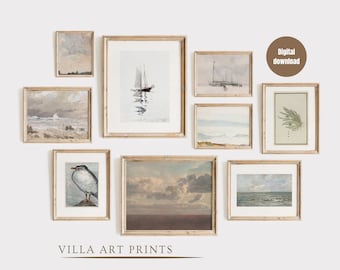 Neutral vintage coastal gallery wall print set of 9, European vintage nautical home decor, Vintage lake house print set, digital download,