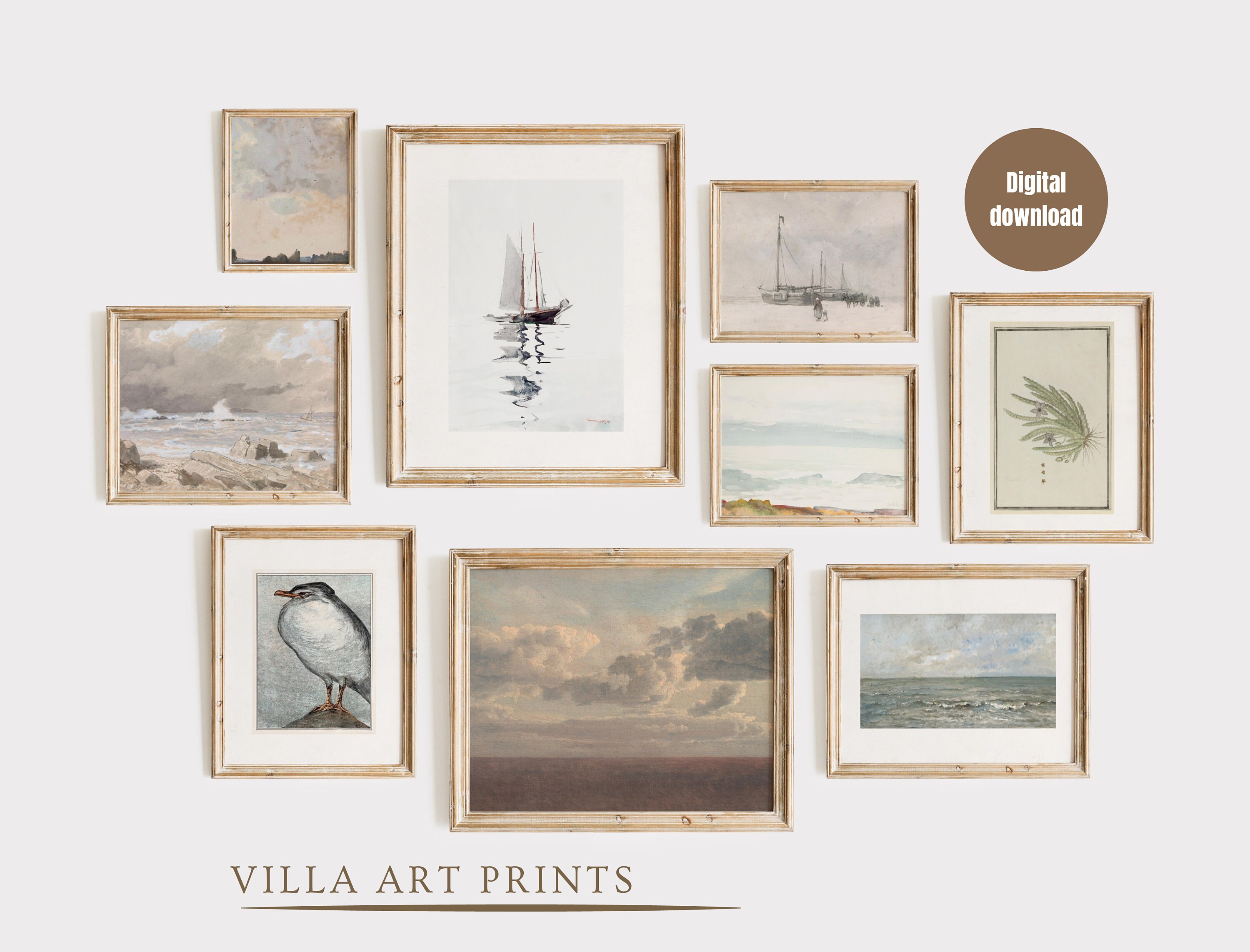 Neutral vintage coastal gallery wall print set of 9, European vintage nautical home decor, Vintage lake house print set, digital download,