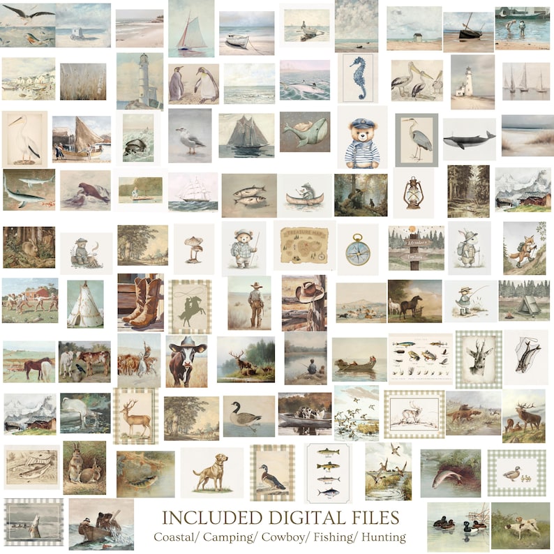 May include: A collection of digital art prints featuring coastal, camping, cowboy, fishing, and hunting themes. The images include watercolor illustrations of boats, animals, landscapes, and vintage-style graphics. The color palette is muted with soft blues, greens, and browns.