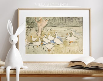 Vintage Farmhouse Nursery Print, Vintage Geese Print, Watercolour Animal Painting, Printable Neutral Nursery Print, DIGITAL DOWNLOAD