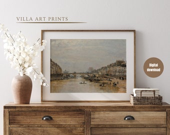 Vintage French city painting, printable Paris art print, vintage farmhouse wall decor, Paris vintage painting, vintage neutral French print