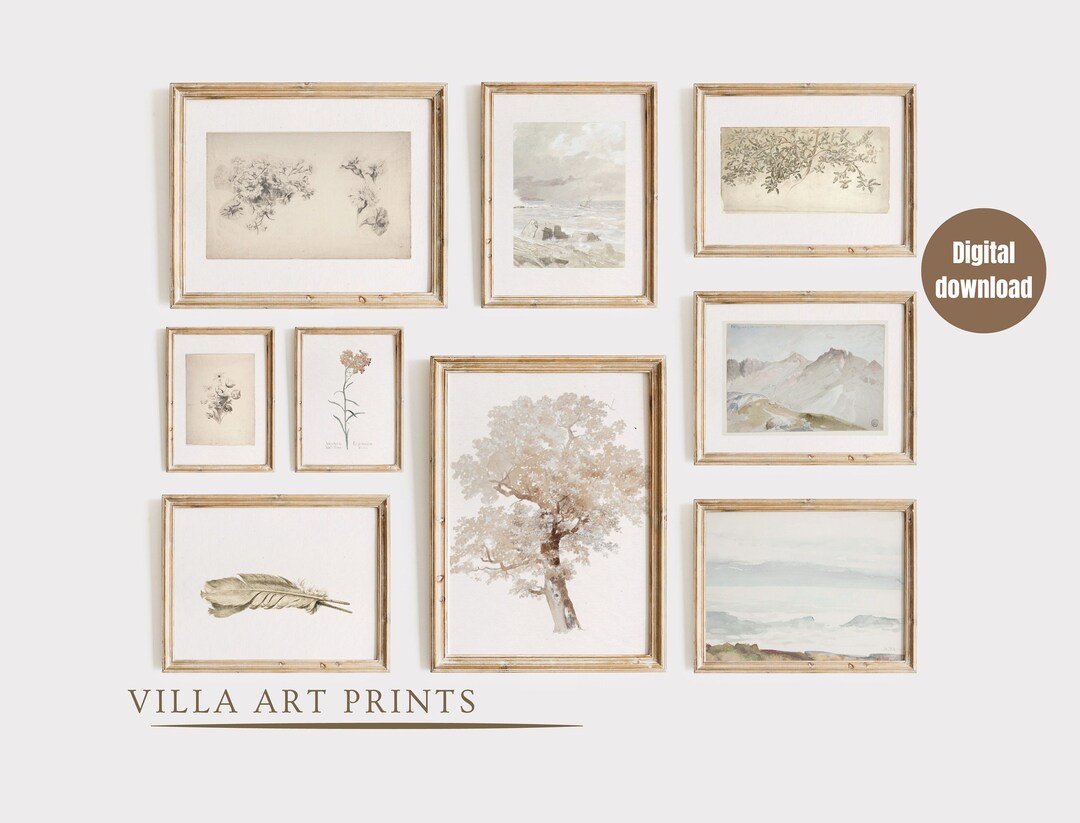 Neutral Art Print Set of 9, Vintage Gallery Wall Art, Antique Botanical ...