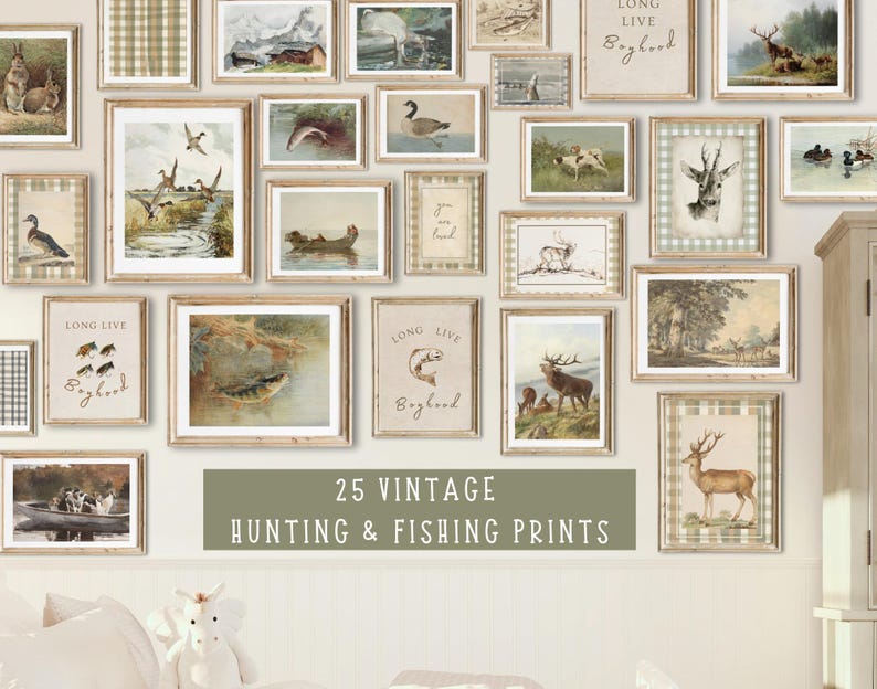 May include: A collection of 25 vintage hunting and fishing prints in rustic frames. The prints feature various animals, including deer, ducks, and fish. The prints are arranged on a wall with a checkered pattern.