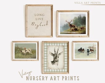 May include: A set of five vintage nursery art prints in wooden frames. The prints feature a deer, a dog, ducks, and a quote that says "Long Live Boyhood".