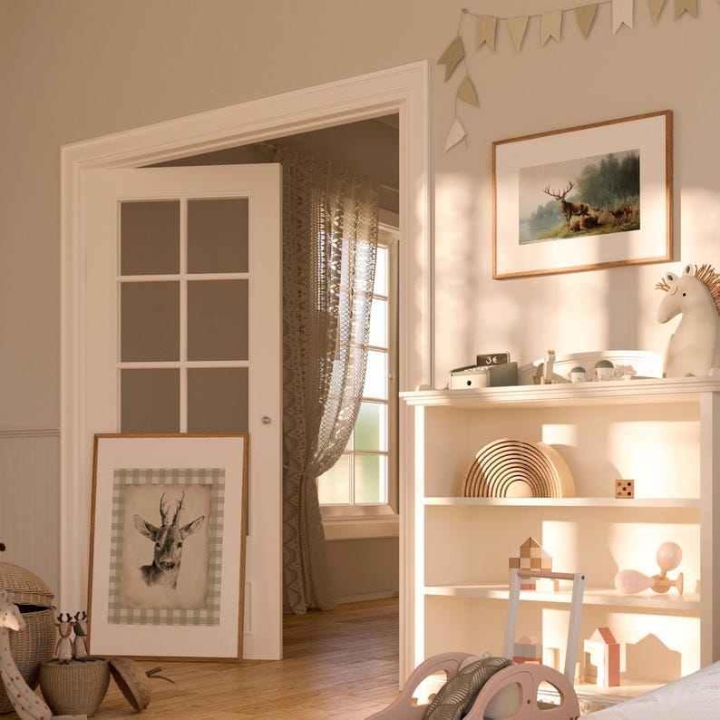 May include: A white bookshelf with three shelves filled with toys and decor. The top shelf has a wooden rainbow, a small wooden box, and a small wooden animal. The middle shelf has a wooden chess set and a wooden toy. The bottom shelf has a wooden toy wagon, a pink and white rocking horse, and a pink and white toy. The bookshelf is in a room with a white door and a window with a white curtain.
