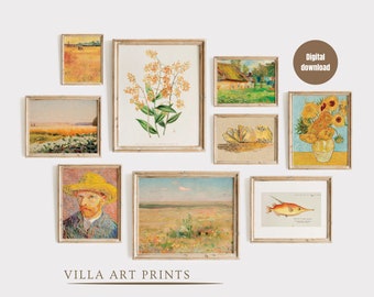Vintage orange gallery wall print set of 9, Eclectic rustic cottage art prints set, Warm aesthetic home decor printable, Digital download