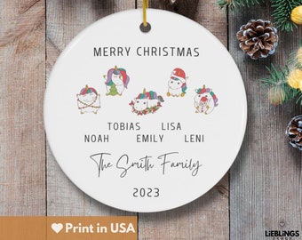 Family of Five, Personalized Christmas Unicorn Ornament, Family of 5 Gift, Personalized Merry Christmas Ornament, Gift for Family Ornament