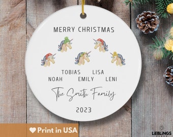 Family of Five, Personalized Christmas Unicorn Ornament, Family of 5 Gift, Personalized Merry Christmas Ornament, Gift for Family Ornament