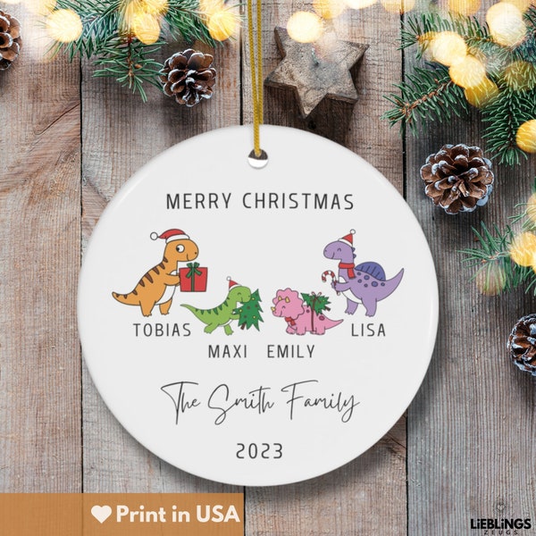 Family of Four, Personalized Christmas Dino Ornament, Family of 4 Gift, Personalized Merry Christmas Ornament, Gift for Family Ornament Dino