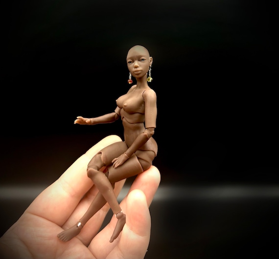 Scale 1:12, Doll female Dark Skin Tone with realistic eyes, BJD Doll with piercing, Doll Female, BJD Woman Body, Scale MSD, YoSD, Tiny doll