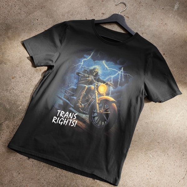 Trans Rights Skeleton Riding A Motorcycle Through Lightning T-Shirt