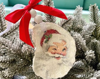 Glittery Santa Oyster Shell Ornament, Christmas Ornament,  Oyster Shell,  Christmas Ornament Gift, Palm Tree