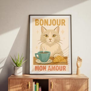 Whimsical French Cat Poster – Bonjour Mon Amour