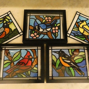 Birds Stained Glass Quilts Framed, Cardinal, Blue Jay, American Goldfinch, Robin, Baltimore Oriole, Perfect Gifts for Bird Lovers, Sewing