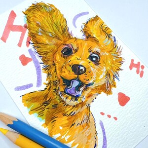 May include: A watercolor illustration of a golden-colored dog with its mouth open and tongue out. The dog has large, floppy ears and is set against a white background with the word "Hi" and other decorative elements. Two colored pencils are in the foreground.