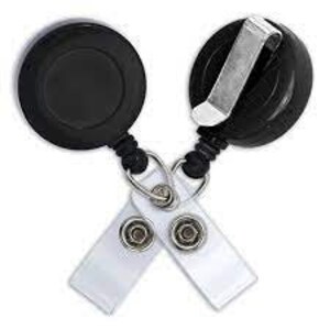 May include: Two black retractable badge reels with clear plastic badge holders. Each reel has a metal clip for attaching to clothing.