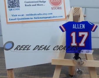 Portatarjetas retráctil para oficina médica y de enfermería, inspirado en la camiseta deportiva de Josh Allen de los Buffalo Bills.