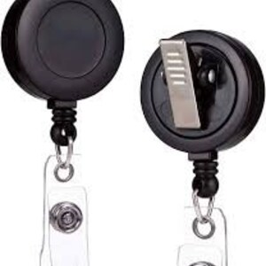 May include: Two black retractable badge holders with a silver clip and a clear plastic badge holder. Each holder has a black chain and a silver ring.
