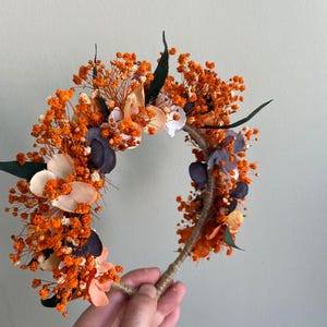Orange Dried Flower Crown, Bridesmaid Flower Gift, Rustic&Boho Hair Wreath, Girl Child Crown, Bride Hair Accessory, Engagement Crown