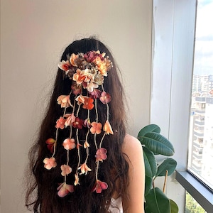 Boho Autumn Bridal Hair Vine with Floral Veil – Rustic Wedding Hairpiece & Burnt Orange Flower Clips