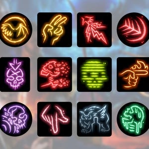 May include: Twelve neon glowing icons with various symbols and designs. The icons are arranged in a grid of four rows and three columns. The icons include a bird, a hand, a lightning bolt, a leaf, a skull, a skull with a broken bone, a striped pattern, a hand with a finger pointing, a skull with a broken bone, a hand with a finger pointing down, an owl, and a skull with dripping liquid.