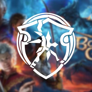 Peut inclure: Logo blanc en forme de bouclier avec un design stylisé, sur un fond flou avec des personnages et les mots "Baldur's Gate". Le logo est l'élément central, probablement pour un jeu ou une franchise.