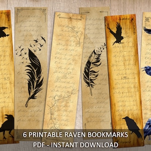 Raven Bookmarks - Set of 6 Printable Raven Themed Bookmarks - Gothic, Vintage, Feather, Raven, Crow, Mystical, Instant Download, Printable