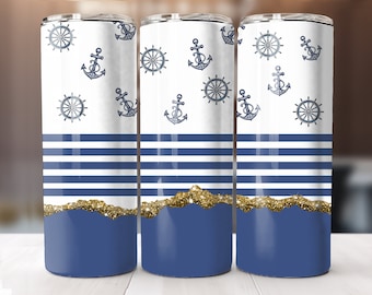Blue and White Nautical Holiday Vibes - Sublimation Tumbler Wrap PNG - 20oz Skinny Tumbler Wrap Design - Instant Digital Download