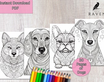 30 Beautiful Dogs - Printable Adult Coloring Pages - Dog Coloring, Mandala Style, Digital File, Instant Download, Printable coloring pages