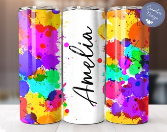 Add Your Own Text - Rainbow colors - Colorful Paint Splatters  - 20oz Skinny Tumbler Templates - PNG - Personalize your Tumbler