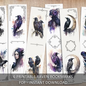 Watercolor Raven Bookmarks - Set of 6 Printable Bookmarks - Gothic, Vintage, Feather, Raven, Crow, Mystical, Instant Download, Printable
