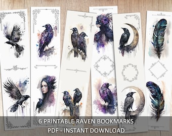 Watercolor Raven Bookmarks - Set of 6 Printable Bookmarks - Gothic, Vintage, Feather, Raven, Crow, Mystical, Instant Download, Printable