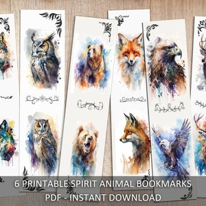 May include: Six printable bookmarks featuring watercolor illustrations of different spirit animals. The animals include a wolf, owl, bear, fox, eagle, and deer. The bookmarks are designed with a simple, elegant style and are perfect for adding a touch of nature to your reading experience.