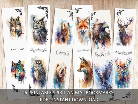 Watercolor Wild Animals Bookmarks - Set of 6 Printable Bookmarks - Watercolor Animals, Wolf, Owl, Fox, Bear, Eagle, Deer Instant Download