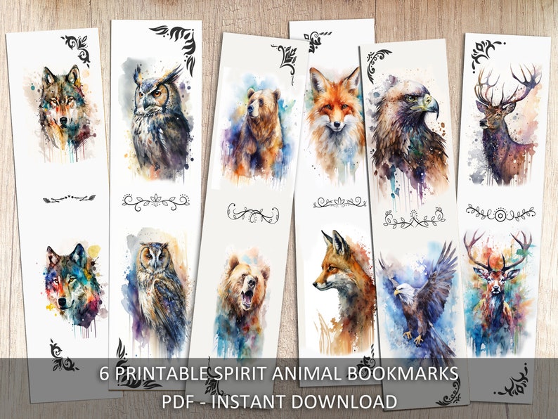 May include: Six printable bookmarks featuring watercolor illustrations of different spirit animals. The animals include a wolf, owl, bear, fox, eagle, and deer. The bookmarks are designed with a simple, elegant style and are perfect for adding a touch of nature to your reading experience.