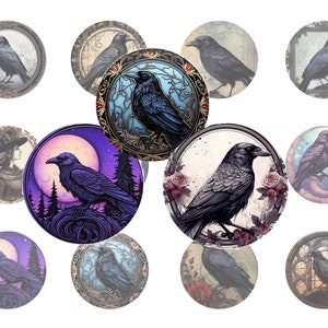 Raven design 20mm digital collage sheet - printable circle images in various sizes, for glass cabochons, stickers, journal, etc
