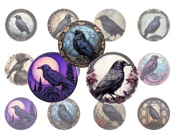 Raven design 20mm digital collage sheet - printable circle images in various sizes, for glass cabochons, stickers, journal, etc