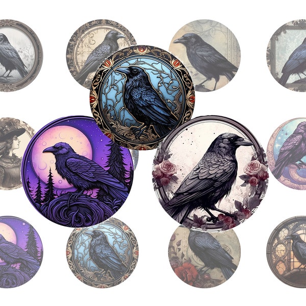 Foglio collage digitale Raven design 20mm - immagini circolari stampabili in varie dimensioni, per cabochon di vetro, adesivi, diario, ecc