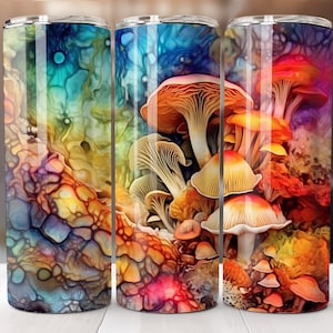 May include: A colorful abstract background with a cluster of mushrooms in shades of orange, yellow, and white. The mushrooms are arranged in a vertical pattern, with the largest mushroom at the top and the smallest mushrooms at the bottom. The background is a swirling mix of blue, green, yellow, and orange.